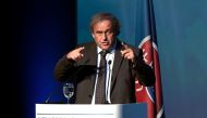Former UEFA President Michel Platini speaks during the opening of the 12th Extraordinary UEFA congress in Lagonissi, some 40 kilometers south of Athens, on September 14, 2016.   AFP / ARIS MESSINIS