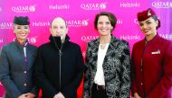 Finland’s Minister of Transport and Communications Anne Berner welcomes Qatar Airways Group Chief Executive Akbar Al Baker at Helsinki airport.