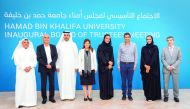 H H Sheikha Moza bint Nasser, Chairperson of Qatar Foundation (QF), and H E Sheikha Hind bint Hamad Al Thani, Chairperson of the Board of Trustees of Hamad bin Khalifa University (HBKU), with Board members during its inaugural meeting at the University’s 