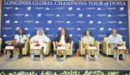 (From left) Qatari rider Sheikh Ali bin Khalid Al Thani, Al Shaqab Commercial Manager Omar Al Mannai, creator of LGCT Jan Tops, Australian equestrian star Edwina Tops-Alexander and LGCT Sports Director Marco Danese address the gathering during a press con