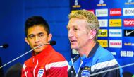 Bengaluru FC captain Sunil Chhetri (left) and coach Albert Roca speaking on the eve of the AFC Cup final in Doha
