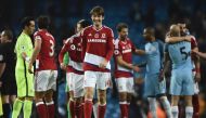 Middlesbrough's Dutch midfielder Marten de Roon (C) smiles at the end of the English Premier League football match between Manchester City and Middlesbrough at the Etihad Stadium in Manchester, north west England, on November 5, 2016. (AFP / Oli Scarff)