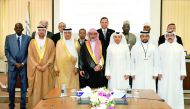 Minister of Education and Higher Education H E Dr Mohammed Abdul Wahed Ali Al Hammadi and officials at the 21st session of Executive Council of the Federation of the Universities of the Islamic World (FUIW) at Qatar University yesterday. Pic: Abdul Basit