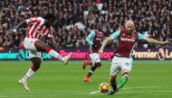 (file Photo) Stoke City's Wilfried Bony in action with West Ham United's James Collins Reuters / Eddie Keogh 

