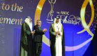Sheikh Joaan bin Hamad Al Thani, President of the QOC,  poses for a photograph with Sheikh Ahmad Al Fahad Al Sabah, President of ANOC (left) and Thomas Bach, the IOC President, during the ANOC General Assembly in Doha.