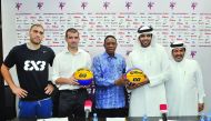 FROM LEFT: Dusan Domovic Bulut, the number one 3x3 basketball player in the world, Alex Sanchez Niang, FIBA 3x3 Managing Director, Hamane Niang, FIBA Vice President, and Saadoun Sabah Al Kuwari (right), Executive Director of Qatar Basketball Federation (Q