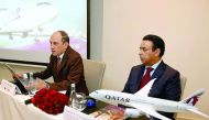 Qatar Airways Group Chief Executive Akbar Al Baker (left) addresses media with Qatar’s Ambassador to Morocco Abdullah bin Falah bin Abdullah Al Dosari.