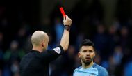 Manchester City's Sergio Aguero is shown a red card by referee Anthony Taylor Reuters / Phil Noble 
