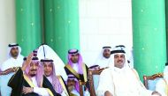 The Custodian of the Two Holy Mosques King Salman bin Abdulaziz Al Saud with the Emir H H Sheikh Tamim bin Hamad Al Thani during the official welcoming ceremony at the Emiri Diwan, yesterday.