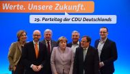 Executive members of the Christian Democratic Union (CDU) party (L-R) CDU leader in Rhineland-Palatinate Julia Kloeckner, CDU Secretary General Peter Tauber, Hesse's State Premier Volker Bouffier, German Chancellor Angela Merkel, CDU leader in Baden-Wuert