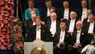 Horace Engdahl (L), Member of the Swedish Academy and Member of the Nobel Committee for Literature, gives a speech during the award ceremony of the Nobel Prizes in medicine, economics, physics and chemistry on December 10, 2016 in Stockholm, Sweden. Nobel