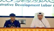 Minister of Administrative Development, Labour and Social Affairs, H E Dr Issa bin Saad Al Jafali Al Nuaimi, with Brigadier Mohammed Ahmed Al Atiq, Assistant Director General of Directorate of Nationality, Borders and Expatriates Affairs, during the press