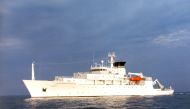The oceanographic survey ship, USNS Bowditch, is shown September 20, 2002, which deployed an underwater drone seized by a Chinese Navy warship in international waters in South China Sea, December 16, 2016. Courtesy U.S. Navy/Handout
