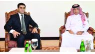 Minister of State for Foreign Affairs H E Sultan bin Saad Al Muraikhi with First Deputy Foreign Minister of Turkmenistan, Wafa Khadzhiev, in Doha yesterday. They discussed bilateral relations and means of enhancing them in all fields. 