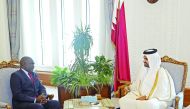 Deputy Emir H H Sheikh Abdullah bin Hamad Al Thani with the Ambassador of the Republic of Zambia, Ibrahim Mumba, after receiving his credentials. The Deputy Emir also received the credentials of Bubani Lapisa as Ambassador of the Kingdom of Lesotho, and A