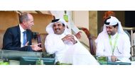 Emir H H Sheikh Tamim bin Hamad Al Thani watching the first round of Qatar ExxonMobil Open Men's Tennis at the Khalifa International Tennis and Squash Complex, yesterday. The Emir watched the match between Qatar's Mubarak Shannan and Russia's Karen Khacha