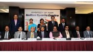 Indian Ambassador, P Kumaran (third left), addressing a press conference to announce the formation of Indian Sports Centre (ISC), in Doha yesterday. Nilangshu Dey (second left), President, ISC, and other senior officials were also present.  Pic: Salim Mat