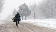 A man rides a bicycle laden with woods during a heavy snowfall in a suburb of Sofia, as temperatures dropped to minus 19 C in Bulgaria on January 10, 2017. / AFP / NIKOLAY DOYCHINOV