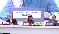 Foreign Minister H E Sheikh Mohamed bin Abdulrahman Al Thani speaking at the meeting on United Nations Security Council (UNSC) reforms in the presence of Peter Thomson (left), President of the 71st session of the United Nations General Assembly, in Doha y