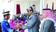 Emir H H Sheikh Tamim bin Hamad Al Thani at the Al Zaeem Mohamed Bin Abdullah Al Atiyyah Air College at Al Udeid Air Base yesterday. The Emir attended the graduation ceremony of the fourth batch of students with the Prime Minister and Interior Minister H 