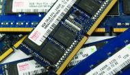  SK Hynix Inc's DRAM modules are seen at the company's main office building in Seoul.