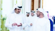 Emir H H Sheikh Tamim bin Hamad Al Thani with H H Sheikh Mohamed bin Zayed Al Nahyan, Crown Prince of Abu Dhabi and Deputy Supreme Commander of the UAE Armed Forces in Abu Dhabi yesterday. They discussed a number of regional and international issues of mu