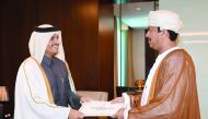 Foreign Minister H E Sheikh Mohamed bin Abdulrahman Al Thani receiving a copy of the credentials of Oman's new Ambassador to Qatar, Najeeb bin Yahya Al Balushi. The Minister wished the Ambassador well on his new mission and further progress for bilateral 