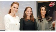 FROM LEFT: Agnieszka Radwanska of Poland, Roberta Vinci of Italy and Fatma Al Nabhani of Oman during the draw ceremony of the Qatar Total Open in Doha yesterday.