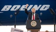 U.S. President Donald Trump addresses a crowd during the debut event for the Dreamliner 787-10 at Boeing's South Carolina facilities on February 17, 2017 in North Charleston, South Carolina.  Sean Rayford/AFP
