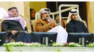Emir H H Sheikh Tamim bin Hamad Al Thani attending the final of Qatar Total Open for women at Khalifa International Tennis and Squash Complex, last evening. 