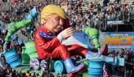 A float with a giant figure of U.S. President Donald Trump is paraded through the crowd during the 133rd Nice Carnival parade, the first major event since the city was attacked during Bastille Day celebrations last year in Nice, France, February 19, 2017.