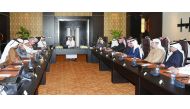 Prime Minister and Interior Minister H E Sheikh Abdullah bin Nasser bin Khalifa Al Thani addressing representatives of the private sector and businessmen, in Doha yesterday.