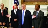US President Donald Trump at a meeting with manufacturing CEOs at the White House in Washington, DC, yesterday.