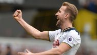 Tottenham Hotspur's English striker Harry Kane celebrates scoring his third goal to complete his hattrick during the English Premier League football match between Tottenham Hotspur and Stoke City at White Hart Lane in London, on February 26, 2017. AFP / O