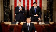 US President Trump addresses Joint Session of Congress - Washington, U.S. - 28/02/17 - US President Donald Trump pauses as he speaks in front of Vice President Mike Pence (L) and Speaker of the House Paul Ryan. Reuters/Jim Bourg