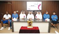 (From left) Al Gharafa Basketball team player Omar Abdul Qader and Coach  Koussay Hatem, Saleh Mabrook, Basketball Director, Ali Saeed Almalki, Secretary General QBF, Khalid Al Mohanadi Team Manager, Hatem Mamlouk Coach of El Jaish team and Fadi Hani of A