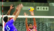Action from the  match between Al Ain club of UAE and Oman's Al Salam at the 36th GCC Clubs Volleyball Championship at Ali bin Hamad SC Al Attiyah Arena yesterday. Al Salam won 25-17, 25-18, 22-25, 25-19.