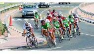 A pack of riders are negotiating the final bend during the GCC Cycling Championship, in Dukhan in this file picture of 2016.