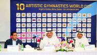 Ali Al Hitmi, President of Local Organising Committee for next week's FIG Artistic World Cup leg and President of Qatar Gymnastics 
Federation (QGF) addressing a press conference in Doha in the presence of Mohamed Al Maraghi, QGF board member and Anis Sa