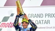 Italian Moto2 rider Franco Morbidelli celebrates on the podium after winning the Grand Prix of Qatar yesterday. Morbidelli, 22, raced to his maiden Moto2 win in a time of 40.18.480 at the Losail International Circuit.