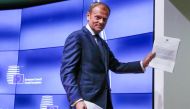 European Council President Donald Tusk shows British Prime Minister Theresa May's Brexit letter in notice of the UK's intention to leave the bloc under Article 50 of the EU's Lisbon Treaty, at the end of a news conference in Brussels, Belgium March 29, 20