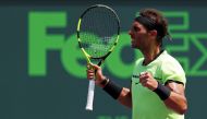 Rafael Nadal of Spain celebrates after winning match point against Fabio Fognini of Italy (not pictured) during a men's singles semi-final in the 2017 Miami Open at Brandon Park Tennis Center. Nadal won 6-1, 7-5. Mandatory Credit: Geoff Burke-USA TODAY Sp