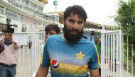 Pakistani Test cricket captain Misbah-ul-Haq arrives to speak to media at the Gaddafi Cricket Stadium in Lahore on April 6, 2017.   AFP / ARIF ALI
