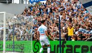 Napoli's forward from Poland Arkadliusz Milik celebrates after scoring during the Italian Serie A football match Sassuolo versus Napoli, on April 23, 2017 at Reggio Emilia's 
