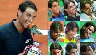 A combination of pictures shows Spain's Rafael Nadal celebrating with the trophy after he won the Monte-Carlo ATP Masters Series Tournament final in Monaco yesterday for a record tenth time. Right: Nadal celebrating his earlier nine wins at the Monte Carl