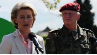 German defence minister Ursula von der Leyen and inspector general of the German armed forces Bundeswehr, Volker Wieker (right), during a news conference in eastern France on May 3, 2017. Von der Leyen has scrapped a US trip to deal with a scandal over a 