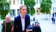 Alice Weidel (right) and Alexander Gauland of the anti-immigration party Alternative for Germany (AFD) arrive for a meeting after the Schleswig-Holstein regional state elections, in Berlin, yesterday.
