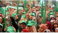 Students who support Hamas gather to attend the debate held ahead of the student council elections, at Bir Zeit University in Ramallah, West Bank on May 09, 2017.  Issam Rimawi - Anadolu Agency