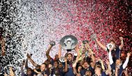 Monaco players celebrate at the end of their last French L1 football match Monaco (ASM) vs St Etienne (ASSE) on May 17, 2017 at the 