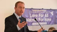 Liberal Democrats leader Tim Farron delivers a speech at a remembrance event held by the Ahmadiyya community for the victims of the Manchester Arena terror attack of May 22, in the Darul Aman Mosque, Manchester, northern England on May 26, 2017. AFP / Oli